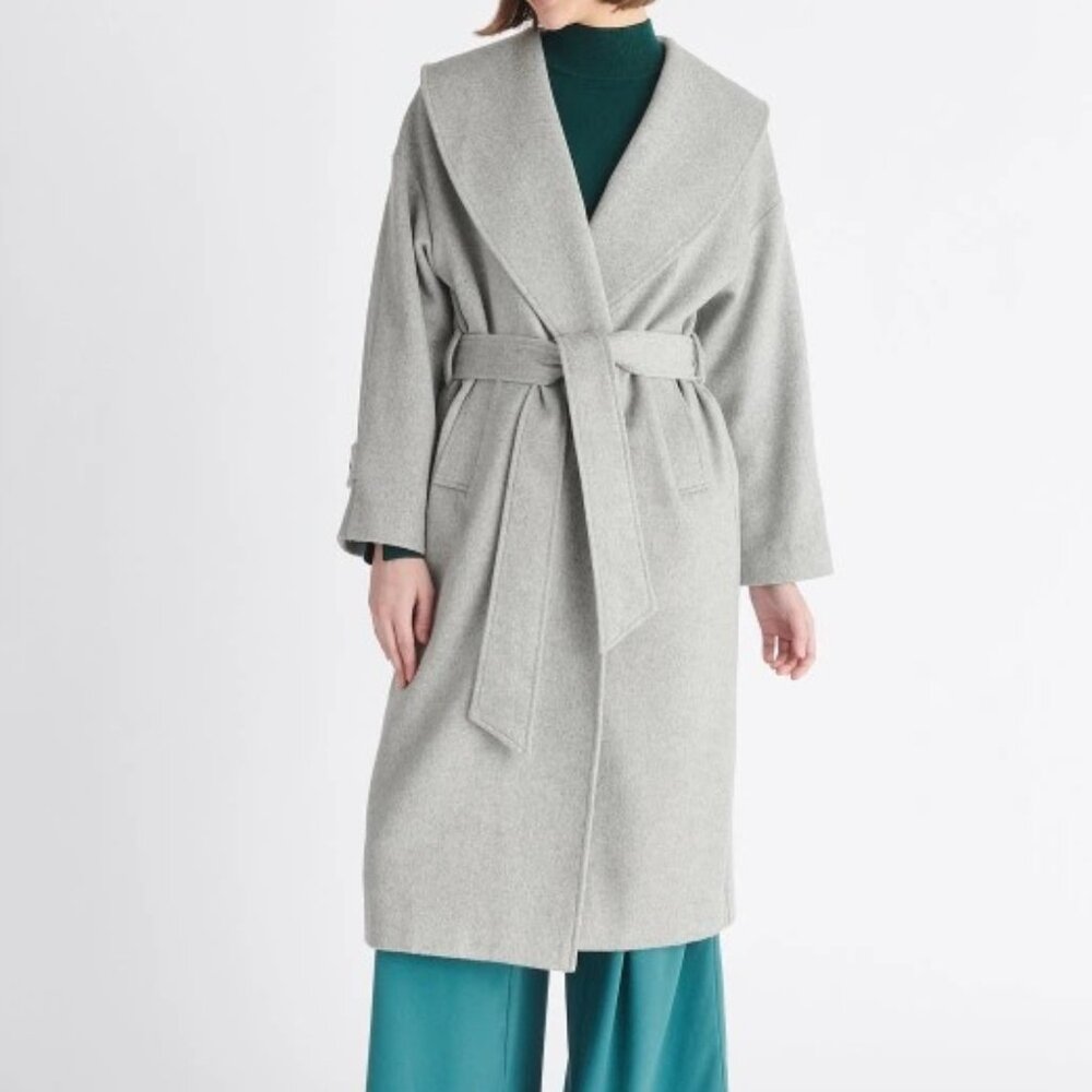 WOLF & BADGER Belted Wool Coat In Light Grey, Size 12; UK/EUR Size 16